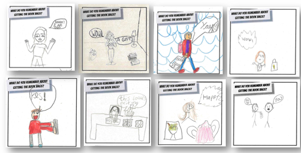 four panels containing children's drawings of comics